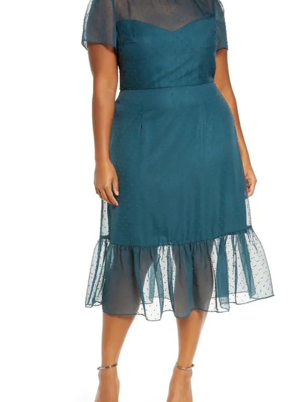 Chi Chi London Teal Midi Skirt with Sheer Dotted Ruffle Hem